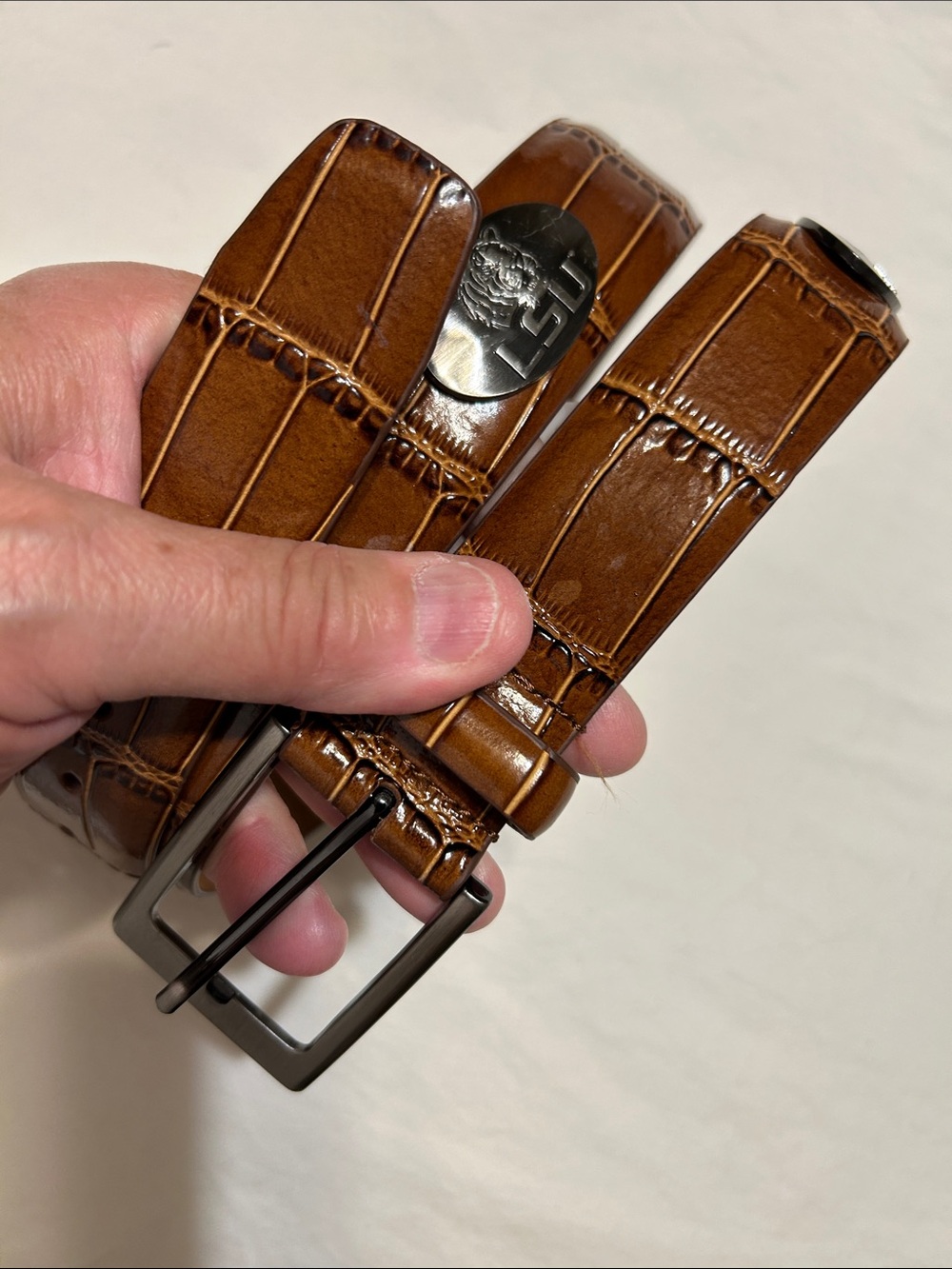 Men's Croc-Embossed Tan Leather Belt with Polished Buckle